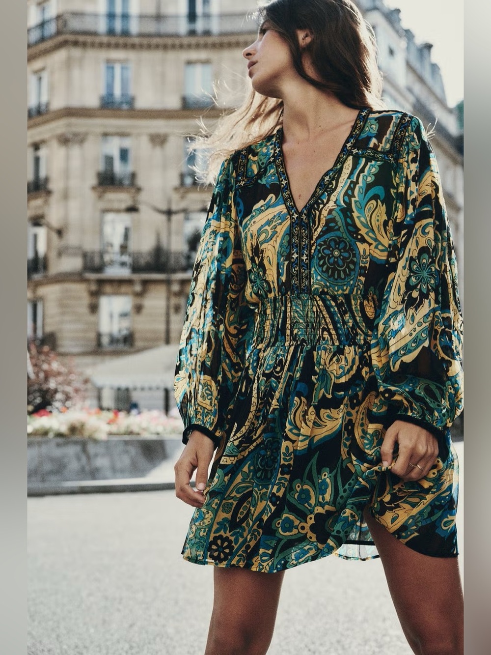 NWOT Zara Printed Balloon Sleeves Mini Dress with Embroidery Velvet Piping